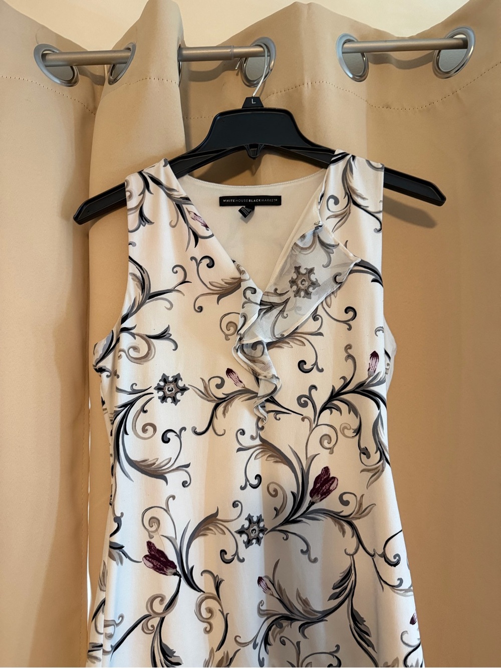 White House Black Market Cream Floral Ruffle Neck Sleeveless Camisole